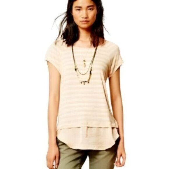 Anthropologie Tops - Anthropologie | Bordeaux Women's Peach & Cream Striped Short Sleeve Top Size S
